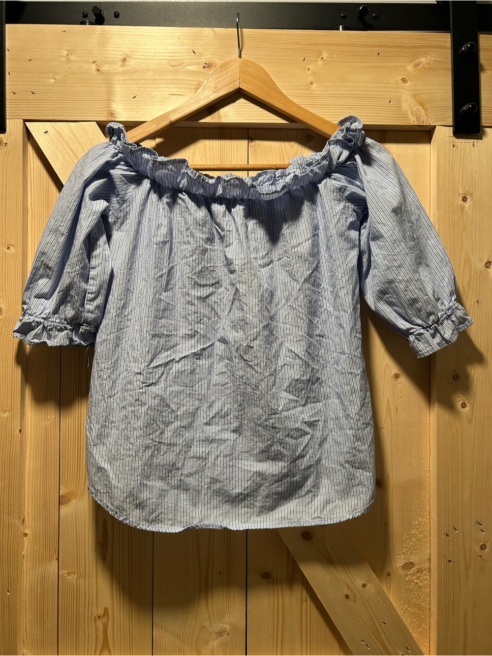 Heart Hips Light Blue Striped Off-Shoulder Blouse